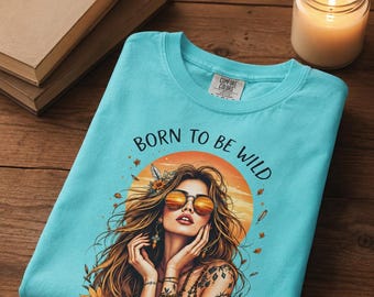 Born to Be Wild Boho Sunflower Woman T-Shirt | Retro hippie portrait tee