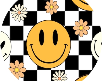 Smiley Face Car Coaster PNG: Retro Floral Design (Digital File)