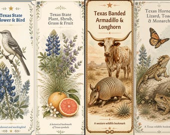 Texas Cottagecore Bookmark Set | Vintage Texas Nature & Wildlife Bookmarks | Texas State Symbols | Printable Bookmarks | PNG and SVG Files