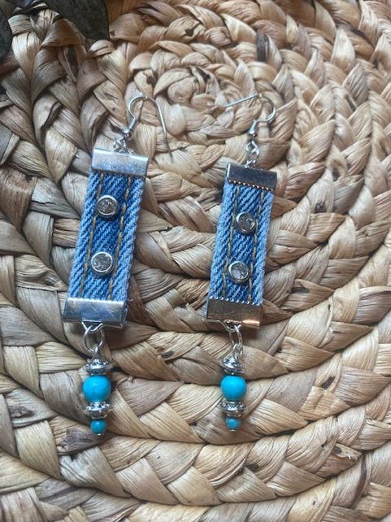 Upcycled Denim Earrings: Turquoise Beads Rhinestone Boho Jewelry