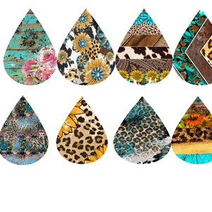 Eight Different Teardrop Earring Designs in Multiple Western Designs for Sublimation Printing PNG/Cricut/Silouette