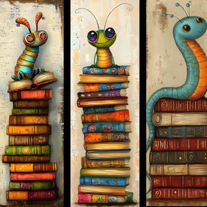 Può includere: Un'opera d'arte stravagante con cinque pannelli verticali, ognuno dei quali mostra una pila di libri colorati sormontati da un bruco dei cartoni animati. I bruchi sono di vari colori, con occhi espressivi e antenne. I libri sono di vari colori e dimensioni.