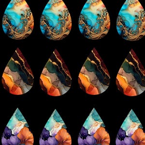 May include: A pattern of colorful, abstract teardrop shapes against a black background. Each teardrop features a unique blend of colors, including blues, purples, oranges, and greens, with gold accents. The designs vary, some with floral or bubble-like patterns.