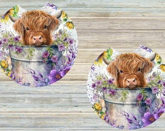 Highland Cow Car Coasters | Gift Ideas | Finished Product | Flowers Sublimation Car Coaster Designs Template | Neoprene Car Coasters