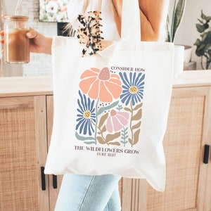 Consider How The Wildflowers Grow Christian Tote Bag, Trendy Christian Merch, Bible Tote Bag, Boho Church Bag, Bible Verse Scripture