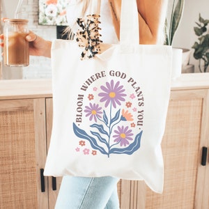 Bloom Where God Plants You Christian Tote Bag, Church Bag, Trendy Christian Merch, Bible Tote Bag, Boho Christian bag, Bible Verse Scripture