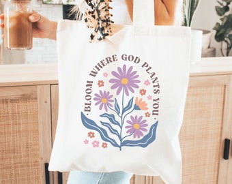 Bloom Where God Plants You Christian Tote Bag, Church Bag, Trendy Christian Merch, Bible Tote Bag, Boho Christian bag, Bible Verse Scripture