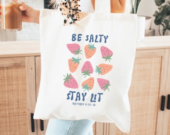 Be Salty Stay Lit Christian Tote Bag, Church Bag, Trendy Christian Merch, Bible Tote Bag, Boho Christian bag, Bible Verse Scripture