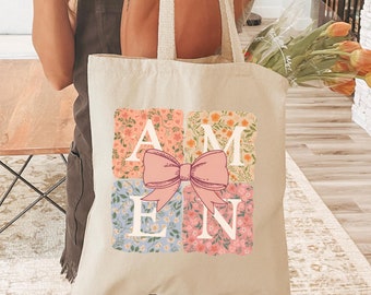 Amen Christian Tote Bag, Trendy Christian Merch, Bible Study Tote Bag, Boho Church Bag, Inspirational Bible Verse Scripture, Catholic Bag