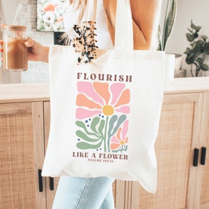 Flourish Like a Flower Christian Tote Bag, Trendy Christian Merch, Bible Tote Bag, Boho Church Bag, Bible Verse Scripture, Christian Bag
