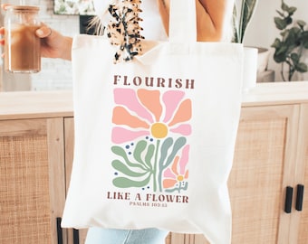 Bolsa tote cristã Flourish Like a Flower, produtos cristãos da moda, bolsa tote da Bíblia, bolsa da igreja Boho, versículo bíblico, bolsa cristã