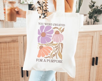 Bolsa de mano cristiana "Fuiste creado con un propósito", artículos cristianos de moda, bolsa de mano para el estudio bíblico, bolsa de iglesia bohemia, versículo bíblico