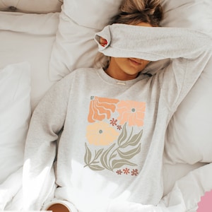 Boho Blumen-Sweatshirt Unisex Wildblumen Pullover Frauen Floral Minimalist Pullover Blumen-Print Sweatshirt Frau Geschenk übergroße Blume Shirt