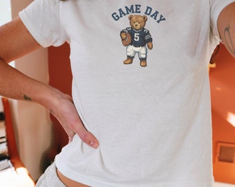 Game Day Football Baby Tee, Fantasy Football Season, Women&#39;s Cute Game Day Shirt, Vintage Teddy Bear Tee, Y2K Aesthetic Graphic 90s Crop Top