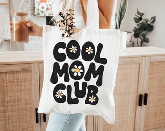 Cool Mom Club Tote Bag, Momma Bag, Retro Mom Sudaderas, Mama Flower Tote, Mama Spring Canvas Tote Bag, Regalo para mamá, Regalo del Día de la Madre
