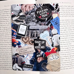 May include: A collage featuring hockey-themed elements. Includes a hockey puck with "I Pucking Love You," hockey jerseys, a ticket, and text overlays like "Shut Up & Kiss Me!" and "Hockey Romance."