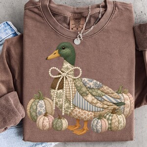 May include: A brown long-sleeve crewneck sweatshirt featuring a graphic of a duck with a patchwork pattern and a pearl-like bow around its neck, surrounded by several patterned pumpkins. A silver chain necklace rests on the collar area.