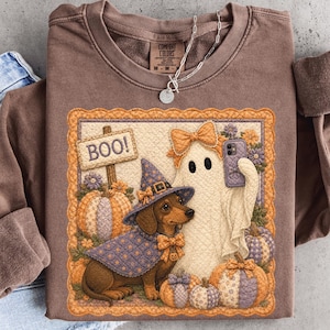 Halloween Dachshund Ghost PNG | Cute Witch Wiener Dog Pumpkin PNG | Cozy Halloween Sublimation Design | Fall PNG Digital Download