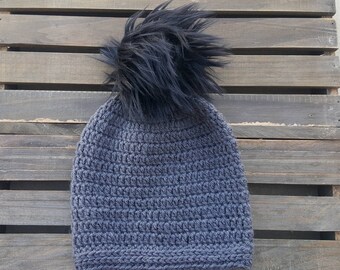 Grey Basic slouchy beanie with faux fur pom