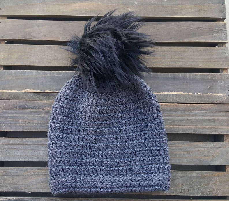 Grey Basic slouchy beanie with faux fur pom image 1