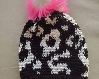 Black and white leopard beanie