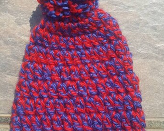 Womens /Teen Red and Blue crochet/knit beanie with pom pom