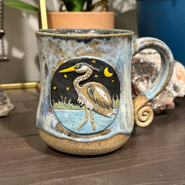 Great Blue Heron Mug 16 oz- Handmade Stoneware Artisan Pottery Hand Thrown Ceramic Mug