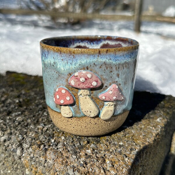 Mushroom Thumb Cup 10 oz- Handmade Stoneware Artisan Pottery Hand Thrown Ceramic Mug