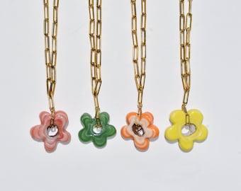 Gold necklace with handmade flower glass pendant - Golden glass jewelry *Mariella | VERONIQUE