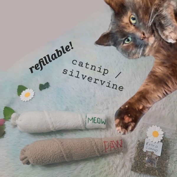 REFILLABLE Catnip & Silvervine Pre-Roll Joints for Cats Who Suck at Rolling | Fleece Embroidered Cat Doinks | 420 Cat Toys