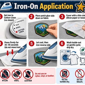 Pu&ograve; includere: Un grafico illustrativo intitolato Iron-On Application che mostra sei passaggi per applicare una toppa con montagna. Indica di impostare il ferro su Cotton-Linen, posizionare la toppa, coprire con un panno, premere per 35-45 secondi e lavare.