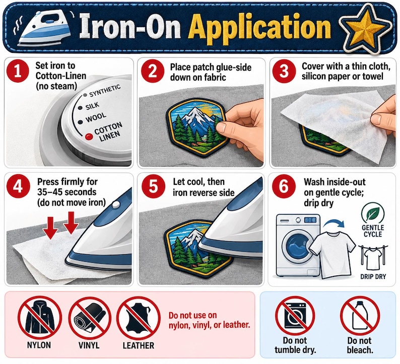 Pu&ograve; includere: Un grafico illustrativo intitolato Iron-On Application che mostra sei passaggi per applicare una toppa con montagna. Indica di impostare il ferro su Cotton-Linen, posizionare la toppa, coprire con un panno, premere per 35-45 secondi e lavare.