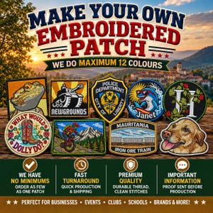 Può includere: Una collezione di nove toppe ricamate con vari disegni tra cui un drago barbuto, un carro armato, un distintivo della polizia, un delfino, una lettera H, uno stivale da cowboy, un mountain biker, un treno e un cane, con il testo MAKE YOUR OWN EMBROIDERED PATCH.
