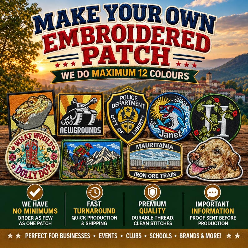 Pu&ograve; includere: Una collezione di nove toppe ricamate con vari disegni tra cui un drago barbuto, un carro armato, un distintivo della polizia, un delfino, una lettera H, uno stivale da cowboy, un mountain biker, un treno e un cane, con il testo MAKE YOUR OWN EMBROIDERED PATCH.