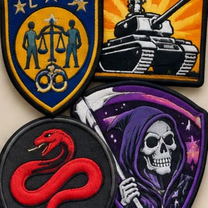 Pu&ograve; includere: Una collezione di quattro toppe ricamate che include uno scudo blu con figure che reggono una bilancia, una toppa quadrata con un carro armato su sfondo giallo, una toppa circolare con un serpente rosso e una toppa a scudo con uno scheletro viola.
