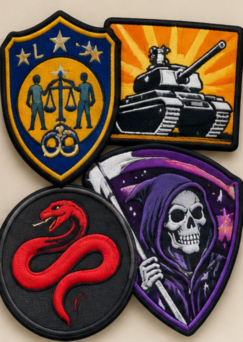 Pu&ograve; includere: Una collezione di quattro toppe ricamate che include uno scudo blu con figure che reggono una bilancia, una toppa quadrata con un carro armato su sfondo giallo, una toppa circolare con un serpente rosso e una toppa a scudo con uno scheletro viola.