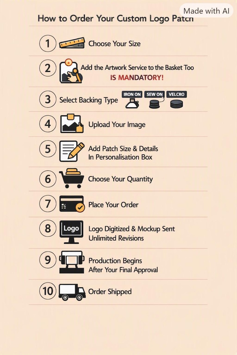 Pu&ograve; includere: Un'infografica intitolata How to Order Your Custom Logo Patch, che presenta dieci passaggi numerati con icone. Descrive il processo dalla scelta della dimensione e del servizio grafico, alla selezione del supporto, caricamento e spedizione.