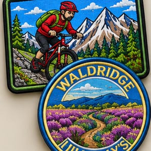 Pu&ograve; includere: Una toppa rettangolare ricamata raffigurante un ciclista su un sentiero di montagna e una toppa circolare ricamata con un campo di fiori viola, un sentiero tortuoso e il testo WALDRIDGE HILLBILLY'S, entrambe con dettagliati paesaggi montani colorati.