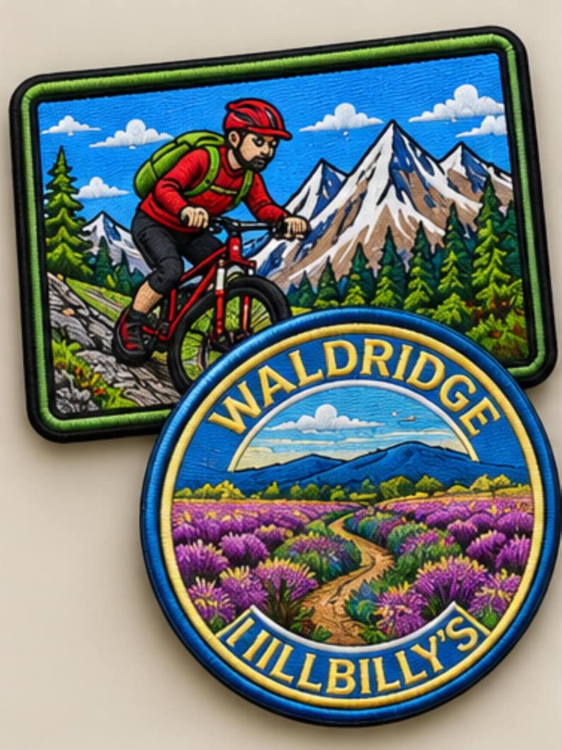 Pu&ograve; includere: Una toppa rettangolare ricamata raffigurante un ciclista su un sentiero di montagna e una toppa circolare ricamata con un campo di fiori viola, un sentiero tortuoso e il testo WALDRIDGE HILLBILLY'S, entrambe con dettagliati paesaggi montani colorati.