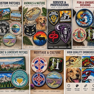 Pu&ograve; includere: Una collezione di toppe ricamate con disegni vari che includono animali, paesaggi, emblemi professionali e simboli culturali. Le toppe presentano ricami complessi, colori vivaci e varie forme come cerchi, rettangoli e scudi.