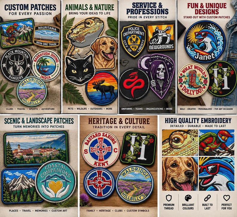 Pu&ograve; includere: Una collezione di toppe ricamate con disegni vari che includono animali, paesaggi, emblemi professionali e simboli culturali. Le toppe presentano ricami complessi, colori vivaci e varie forme come cerchi, rettangoli e scudi.