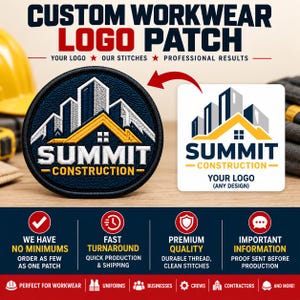 Può includere: Una toppa ricamata circolare con sfondo blu navy e una grafica bianca e gialla di un tetto e edifici sopra il testo SUMMIT CONSTRUCTION. Una grafica quadrata abbinata mostra lo stesso design del logo.