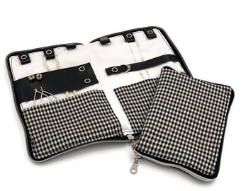 Travel Jewelry Organizer, Black and White Jewelry Case with Earring Holder, Necklace Storage, Travel Accessory