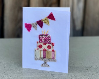 Birthday Card Birthday Cake with Banner Handmade Fabric Blank Greeting Card