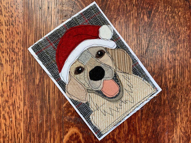 Christmas Card Golden Retriever with Santa Hat Handmade Fabric Blank Greeting Card