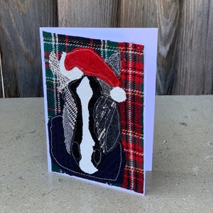 Carte de Noël Cheval noir avec Santa Hat Handmade Fabric Blank Greeting Card