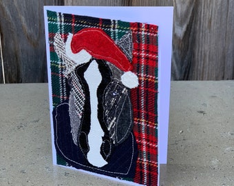 Christmas Card Black Horse with Santa Hat Handmade Fabric Blank Greeting Card