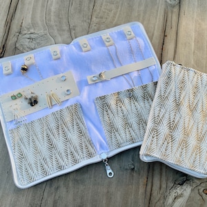 Travel Jewelry Case with Earring Holder, Necklace Organizer, Gold and Silver Travel Accessory