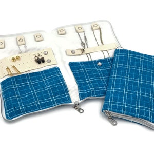 Portagioielli da viaggio con porta orecchini, organizer per collane blu e bianco, accessorio da viaggio