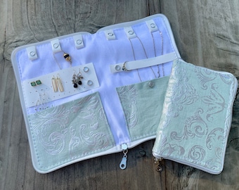 Travel Jewelry Case with Earring Holder, Necklace Organizer, Light Aqua with Silver Scrolls Travel Accessory